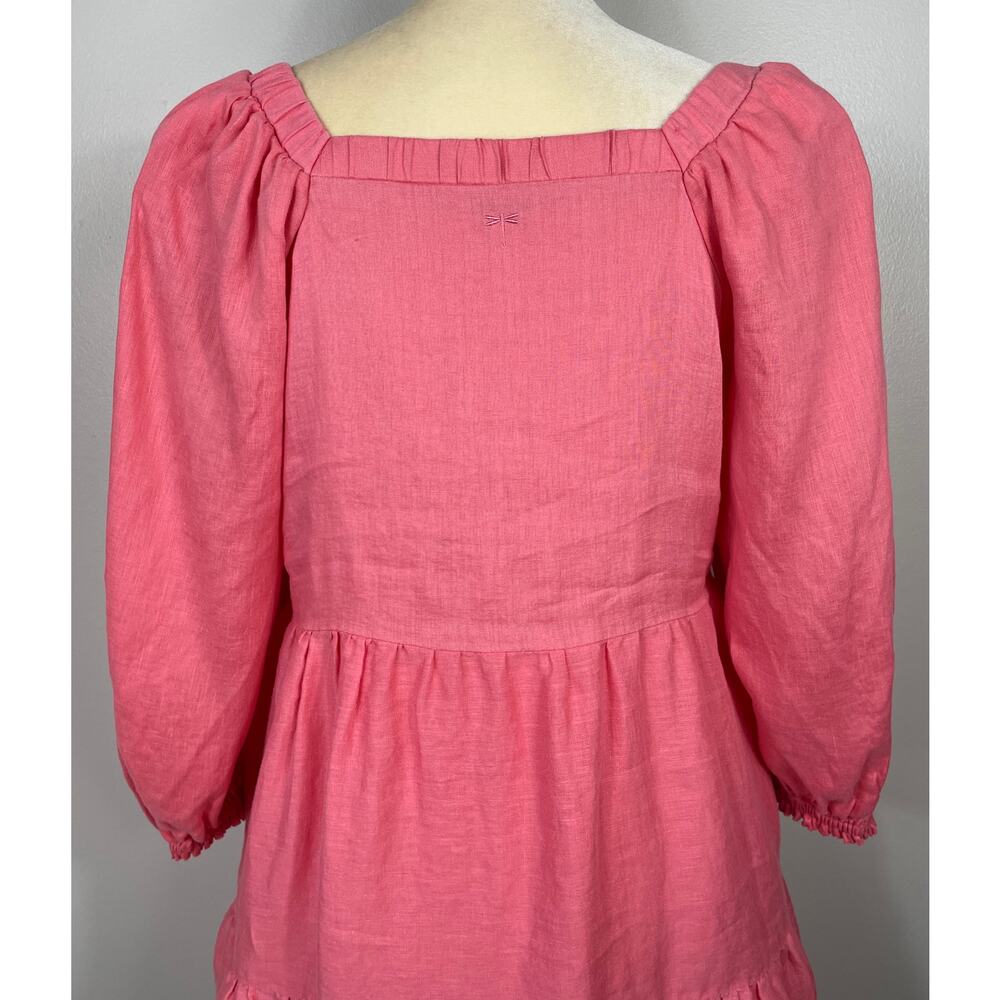 Tyler Boe Ansley Linen Mini Puff Sleeve Tiered Dress Coral Pink Small Beachy - Picture 9 of 13